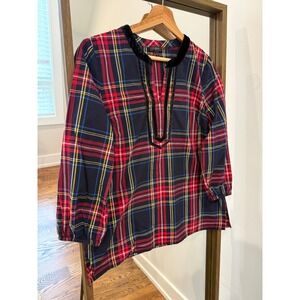 Talbots Petite Plaid Tunic Top Velvet Trim V Neck Long Sleeve Women's MP Hoilday